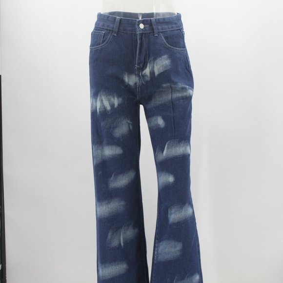 Women Y2K Jeans Large Blue High Rise Wide Leg Tie Dye Print Loose Washed - Picture 4 of 15